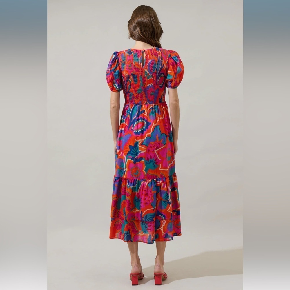 SugarLips Kahlia Tropics Aruba Smocked Midi Dress Orange Red Multi - Picture 3 of 7
